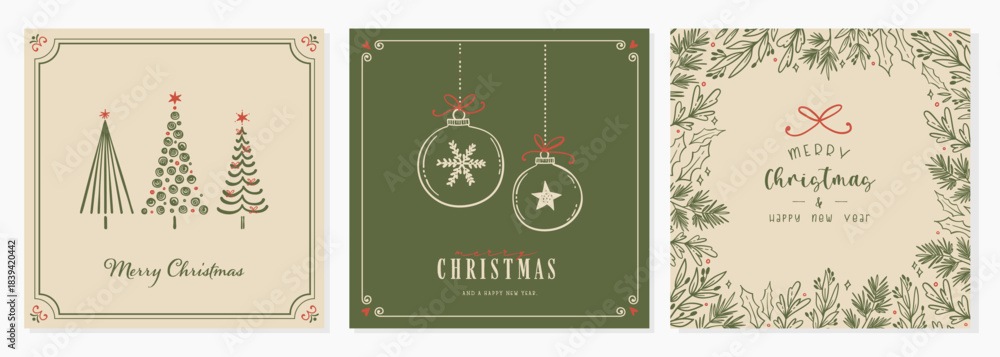 Fototapeta premium Cute Christmas cards with hand drawn elements, universal templates, great for greetings cards, invitations - vector design
