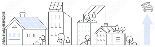 Renewable energy, eco-friendly housing, carbon reduction, sustainable technology, green living, urban planning. Line drawing of houses and buildings with solar panels and greenery. Renewable energy