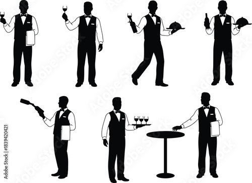 Waiter silhouette set showing professional wine service food presentation hospitality poses fine dining restaurant staff and catering service lifestyle concept