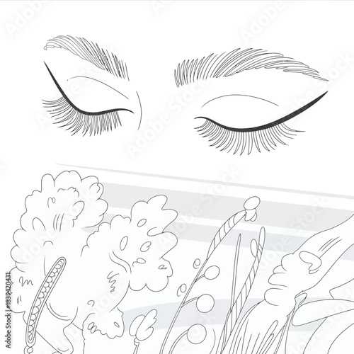 Elegant outline of closed eyes, lashes and tranquil organic shapes