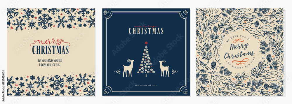 Obraz premium Cute Christmas cards with hand drawn elements, universal templates, great for greetings cards, invitations - vector design