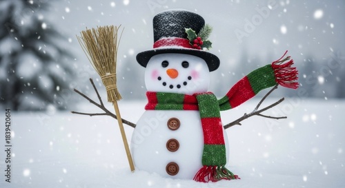 Festive snowman creation stands outdoors during a gentle snowfall