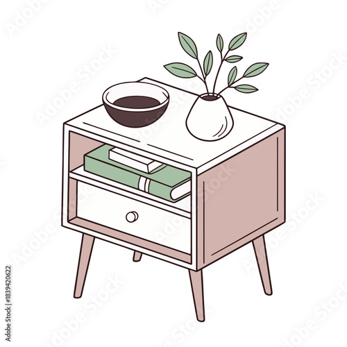 Isometric vector pink bedside table with plant and books