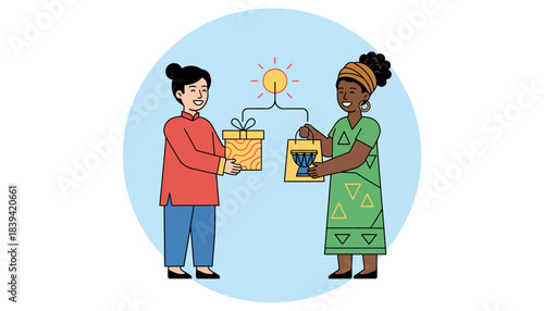 An exchange of gifts between neighbors of different ethnic backgrounds symbolizing the sharing of culture and traditions as acts of friendship.