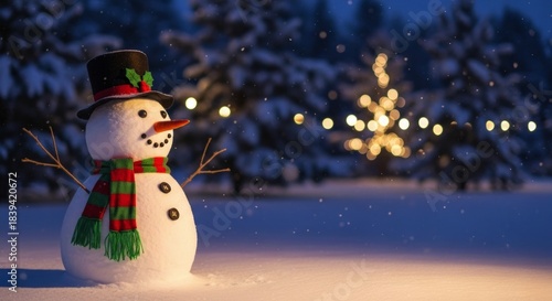 Traditional snowman figure stands outdoors in a snowy, festive winter scene at dusk