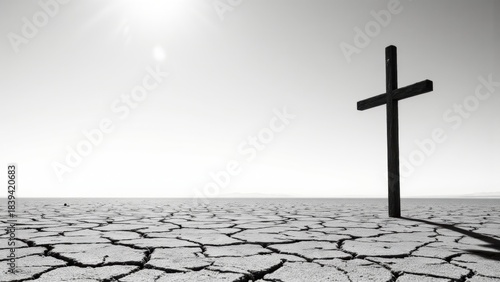 A solitary cross stands silhouetted against a cracked, barren field under a bright sky. The scene is starkly monochromatic, creating a sense of depth and quiet isolation.