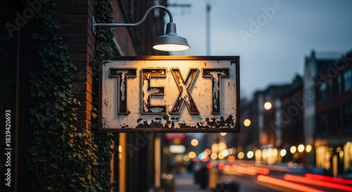 Illuminated weathered storefront sign hangs outside brick building during twilight city street scene