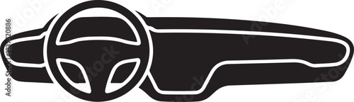 Black and white silhouette of a car dashboard with steering wheel interior vehicle.