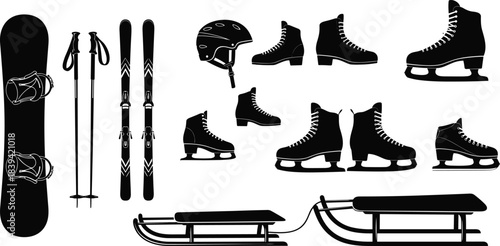 Winter sports equipment silhouette set showing snowboard skis helmet ice skates sled gear collection for cold season outdoor adventure