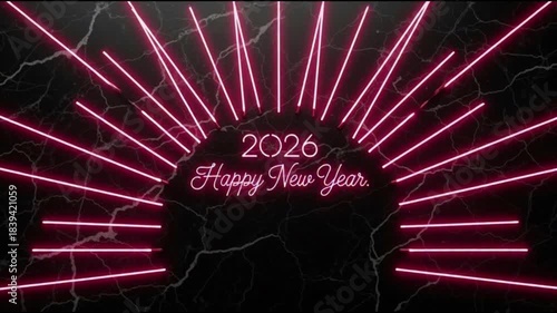 Vibrant Pink Neon Happy New Year 2026 Greeting on Dark Marble Background