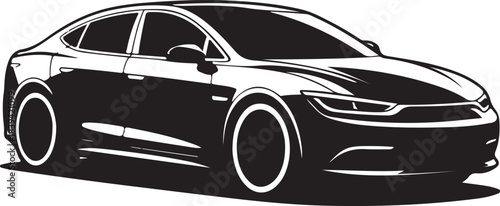  Black and white silhouette of a modern sedan car viewed from the front three-quarter angle
