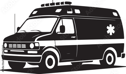 Black and white silhouette of an ambulance vehicle with emergency lights medical transport