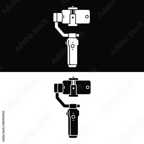 Smartphone gimbal stabilizer icon handheld phone mount silhouette isolated on Black & white background