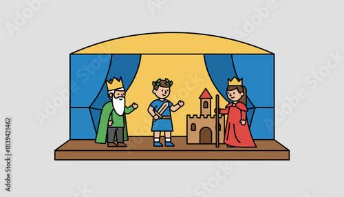 A dramatic reenactment of a famous story where children dress as characters acting out scenes in a school auditorium.