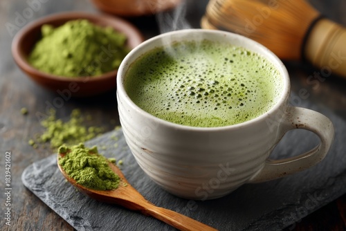 Hot matcha latte close-up