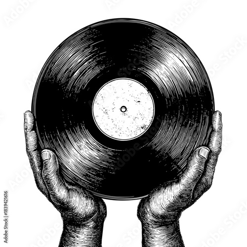 Black and white illustration of two hands holding a vintage vinyl record Textured scratchboard art style, The artwork evokes nostalgia for classic music and analog sound