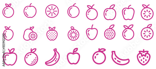 Collection of outlined fruit icons including apples bananas and strawberries