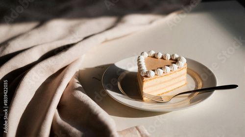 Heart-shaped cake slice on plate with fork and soft textile background  