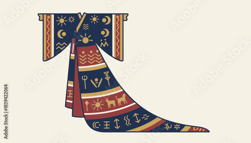 A ceremonial robe with sweeping sleeves and a long train decorated with symbols that denote historical significance radiating elegance and cultural richness.
