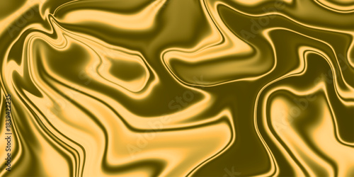 Golden, black and silver overflowing colors, Fluid art texture. Golden yellow fabric drapery background. 3d illustration, 3d rendering. Gold luxury satin fabric texture for background. Pleated fabric.