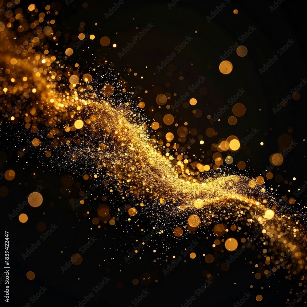 Fototapeta premium Abstract Golden Glittering Particles Wave Flowing Through Dark Black Background