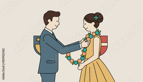 A groom placing a floral garland around the brides neck symbolizing their union and respect for each others families.