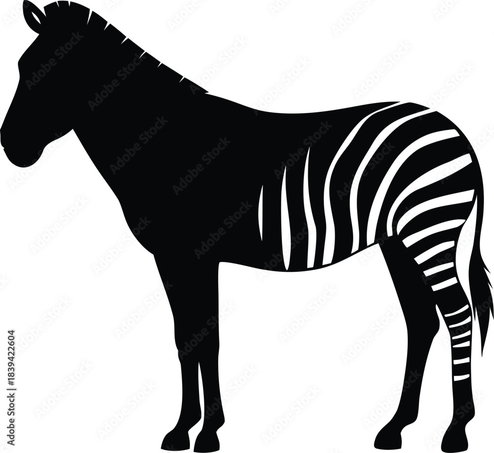 Fototapeta premium Full black silhouette of a zebra standing in profile showing clear and iconic stripe patterns