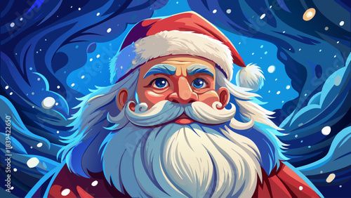 Heartwarming winter portrait of Santa Claus with a long fluffy beard, gazing off camera with a gentle smile as snow drifts softly in front of a dark, dreamy background