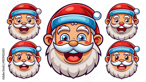 Set of flat-style cartoon Santa Claus faces featuring various expressions, designed as clean vector illustrations isolated on a white background