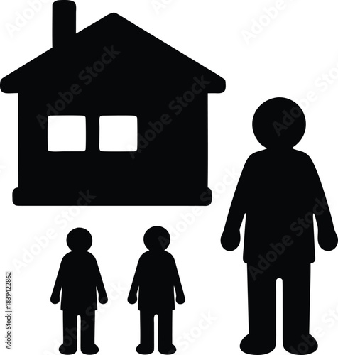 Essential family and home icons depicting a house with parent and two children