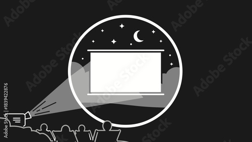 Outdoor Cinema Night: An illustration of a projector casting light onto a blank screen. Surrounded by stars and a crescent moon, as silhouettes of individuals enjoy an outdoor cinema experience.