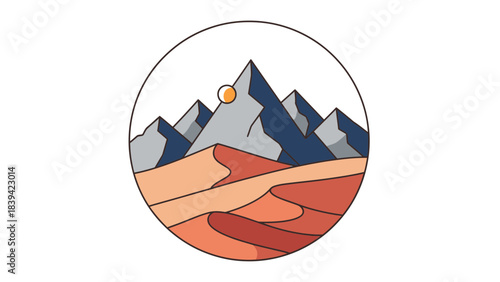 Majestic Mountainscape Emblem: A minimalist design showcases a towering mountain range with a bright sun, a testament to the grandeur of nature, enclosed within a circle. 