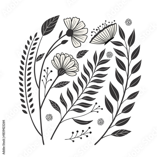 Two distinct styles—delicate outlines and bold, graphic silhouettes—in one botanical set. Versatile vector elements for projects needing both subtle elegance and striking drama.