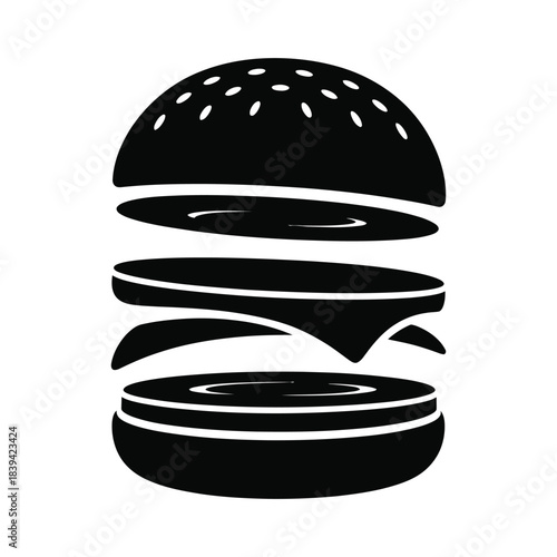 Exploded view black and white icon of a hamburger
