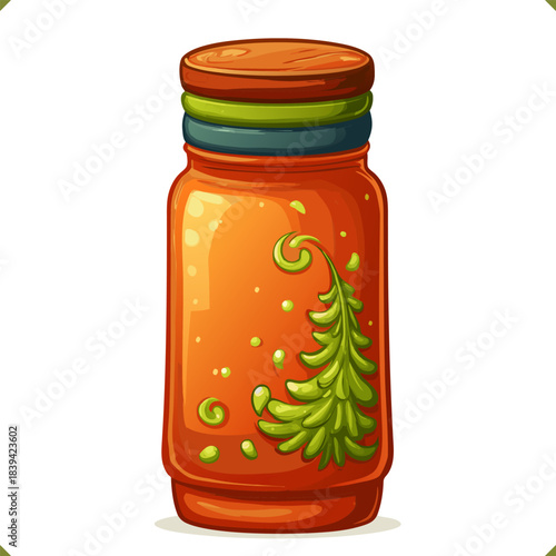 Vector illustration of a thermos travel mug with herbs, for food packaging and grocery design, isolated on a white background