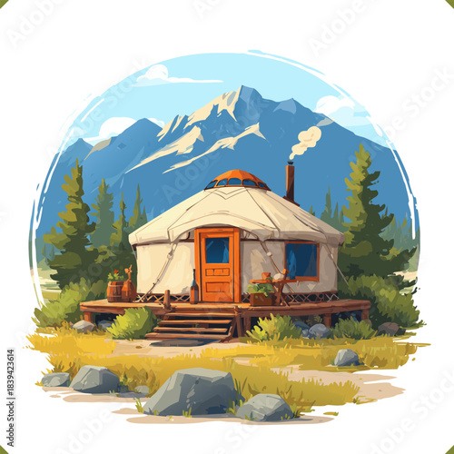 Vector illustration of a cozy yurt cabin in mountain forest with wooden deck and chimney smoke, outdoor travel glamping concept, isolated on a white background