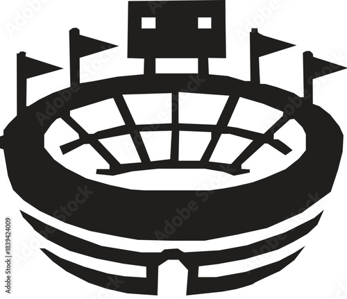 Iconic stadium architecture with arched windows and roof structure silhouette.