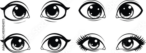 Collection of eight black and white stylized human eyes with varying eyelash details illustration