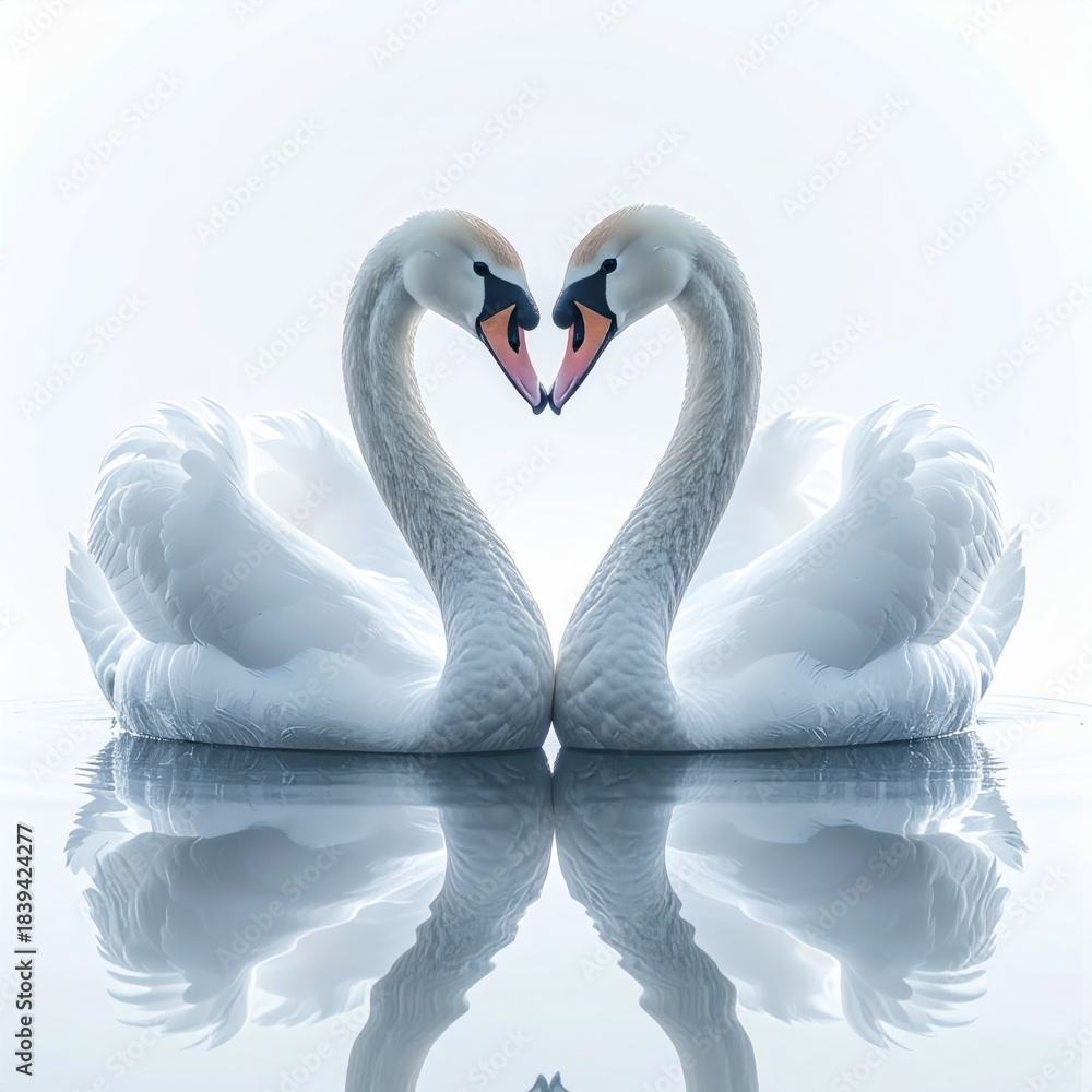 Fototapeta premium Two white swans forming a heart shape with their necks on calm water with reflection