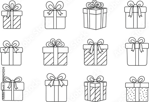 Collection of twelve simple line art gift boxes with bows and various patterns present