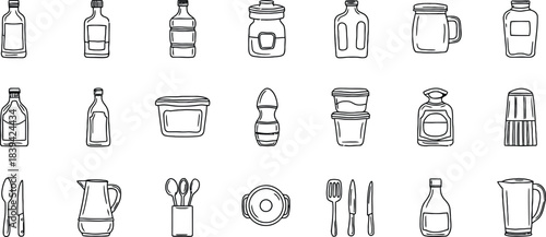 Hand Drawn Outline Icons of Kitchen Containers and Utensils Keywords: kitchen, container, bottle, jar, jug, pitcher, kettle, scissors, knife
