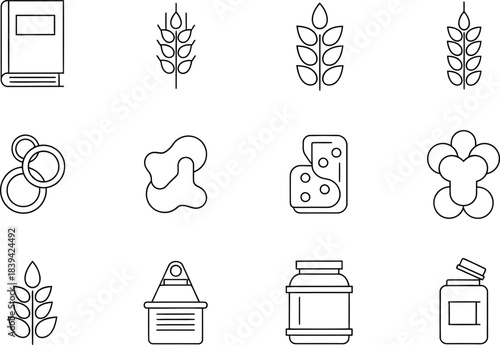 Outline Icons of Food and Education Items on White Background book wheat
