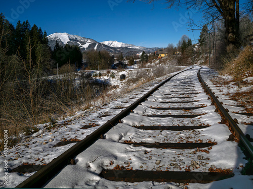 Track of the historic museum tramway from Mariazell to Lake Erlauf in winter, Austria