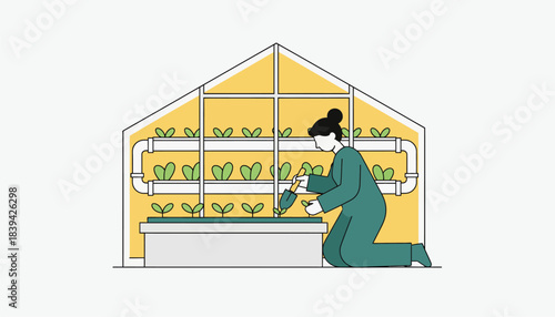 A woman carefully tending to a greenhouse nurturing seedlings under natural light with hydroponic systems visible in the background.
