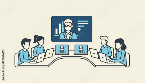 A diverse group of students participating in a virtual classroom on their laptops with a professor visible on the screen sharing a presentation.