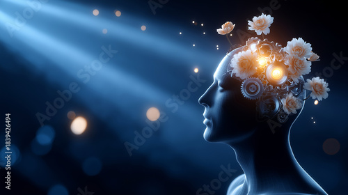 Half-mechanical human blooming, flowers rotating gears, surreal vertical animation, organic evolution cybernetic, identity futuristic beauty, emotional transformation display, anim