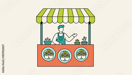 A lively booth dedicated to fresh spring rolls showcasing rice paper wraps filled with vibrant vegetables and served with zesty dipping sauces.