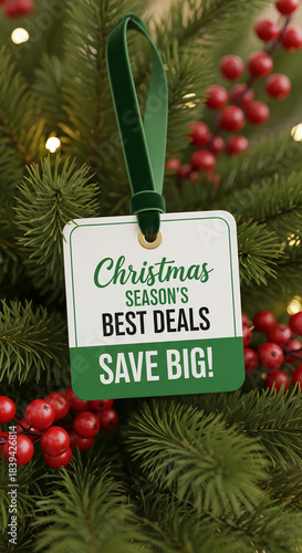 Close-up of a Christmas tree with red berries and a white tag with a green ribbon, representing festive season and promotional offer.