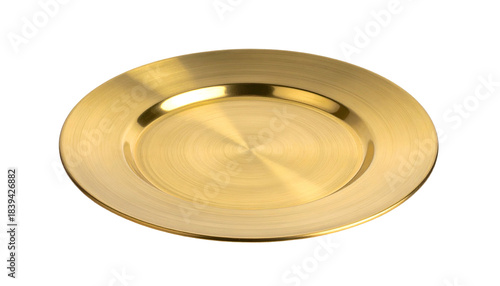 Gleaming, golden-toned charger plate with circular design and reflective properties