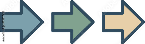 Minimalist vector arrow set featuring blue, green, and yellow right-pointing arrows for navigation, direction indicators, user interface, and digital design projects